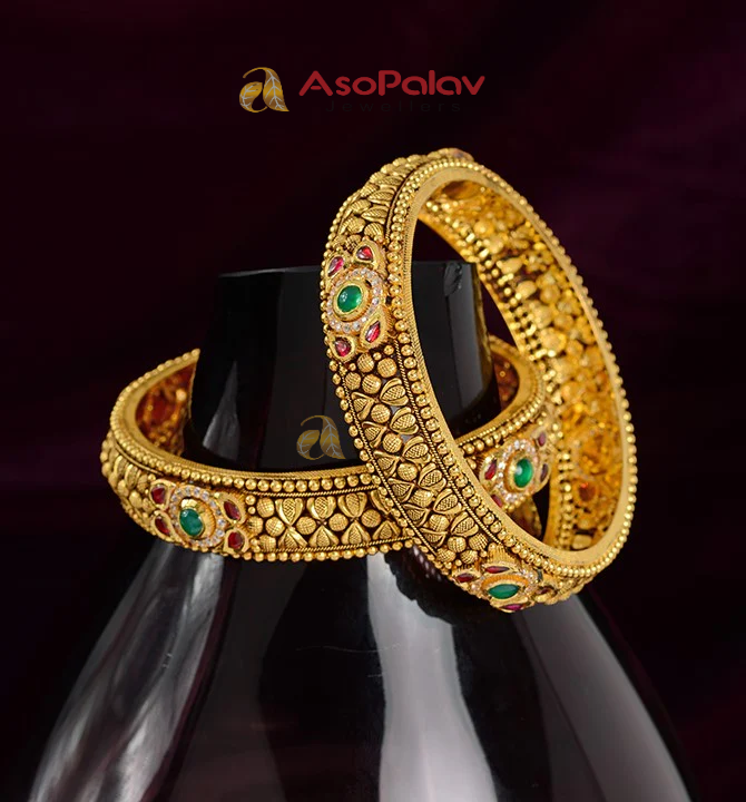22K Semi Antique Gold Bangle with Ruby Pota Detailing | Asopalav Jewellers